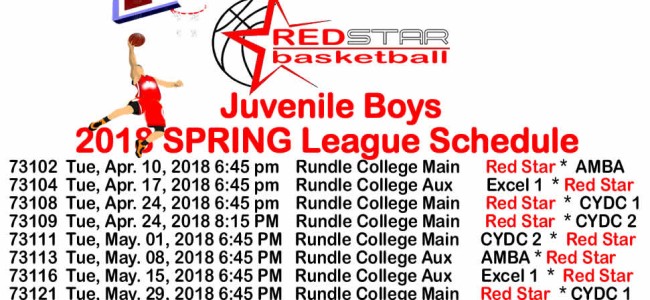 Red Star Basketball U17 boys – SPRING League Schedule